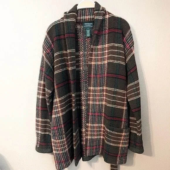 Lauren Ralph Lauren Hand Knit Lambswool Brown Plaid Tie Waist Cardigan Size S - Picture 6 of 6